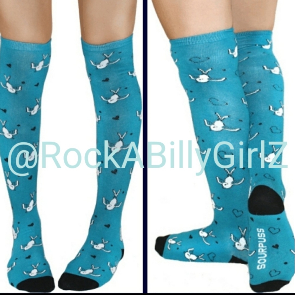 Sourpuss Retro Turquoise Blue 16" Knee Socks White Tattoo Flash Swallows Hearts